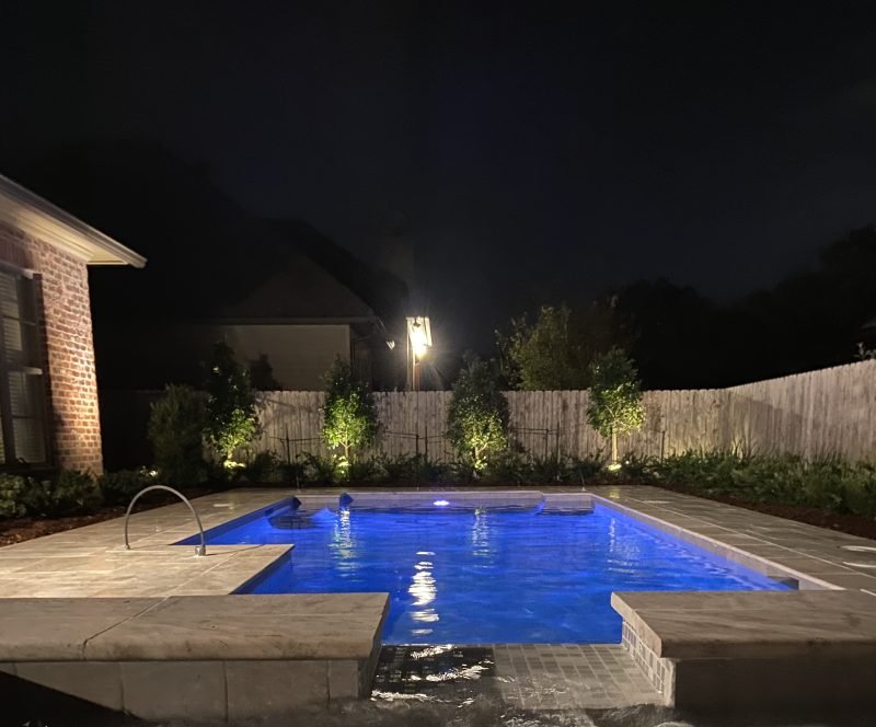 Rectangular pool glowing blue at night, with uplit shrubs along a wood fence