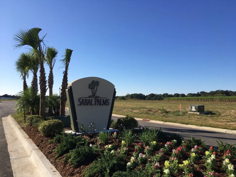 Sabal Palms neighborhood entrance sign with palms and flowering beds