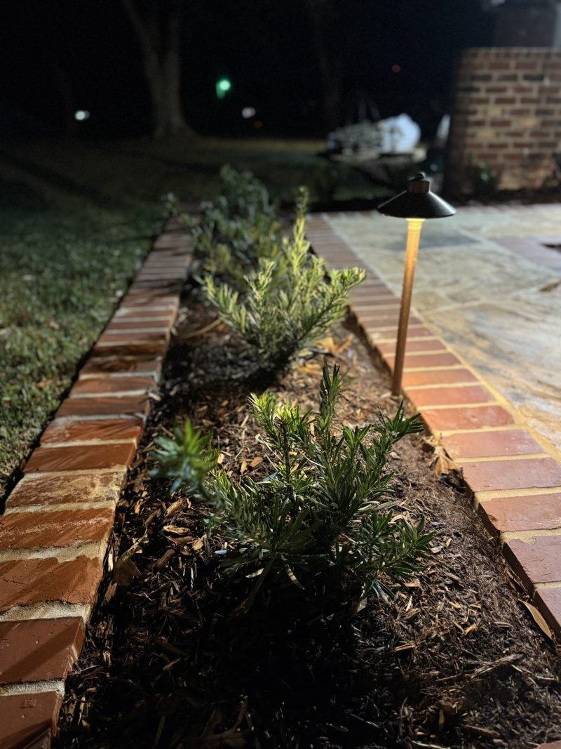 Brass path light over a brick-edged planting bed next to a flagstone walk